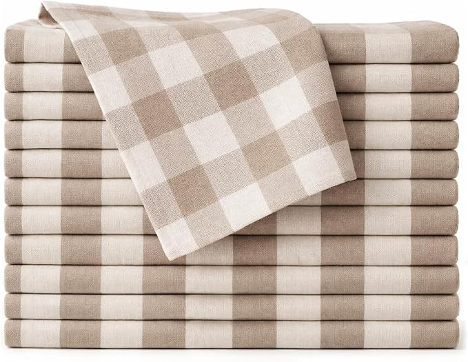 Cloth Napkins Set of 12, 100% Cotton Reusable Gingham Printed Dinner Napkins, 18x18 Inch Washable Table & Kitchen Napkins for Home, Dining, Entertaining – Beige & Sand