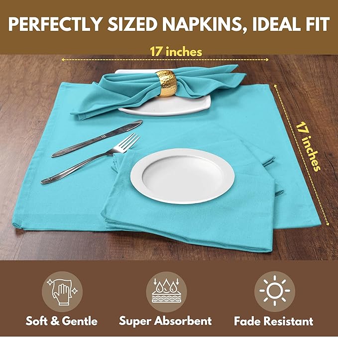 Native Fab Blue Cloth Napkins, 12 Pack, 100% Cotton, 17x17 Inches, Heavy Duty, Soft Texture, Quick Drying, Great for Spring Holidays, Family Gatherings, Baby Showers, Restaurant Use, Ocean Blue