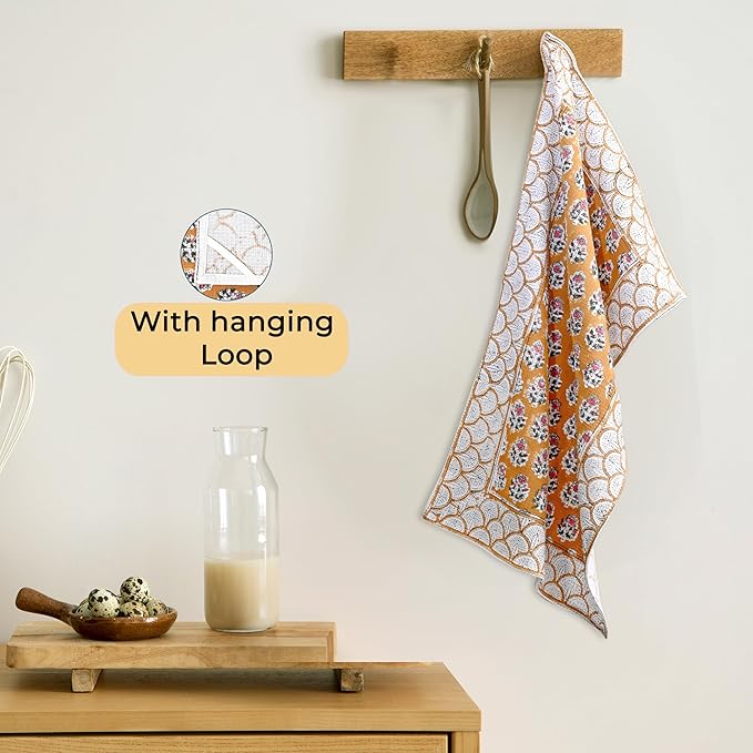 CPC Citrine Yellow Hand Block Print Waffle Kitchen Towel Set of 3-16 x 28 Inch Ultra Absorbent Quick Dry Cotton Dish Towels Lightweight Reusable Sustainable Tea Towels for Cleaning and Drying