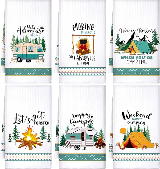 Boyiee Set of 6 Camping Kitchen Towels White Absorbent Dishcloth Bonfire Tent Car Tea Towels 24 x 16 Inches with Funny Sayings Novelty Gifts for Campers Happy Camper Camping Accessories for Rv Campers