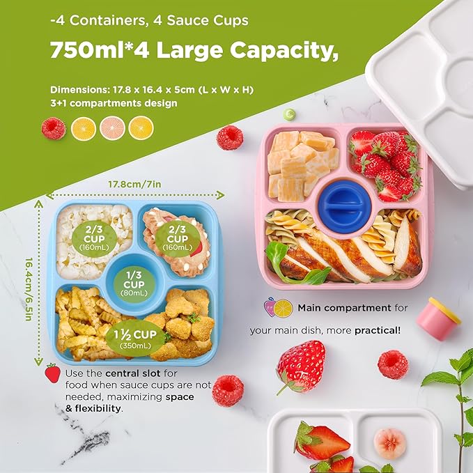 Bento Snack Box Containers, Kids Adults Bento Lunch Box Containers, 4 Pack Meal Food Prep Containers Reusable with Lids, Divided Food Storage Containers with Sauce Cups, Pastel Color