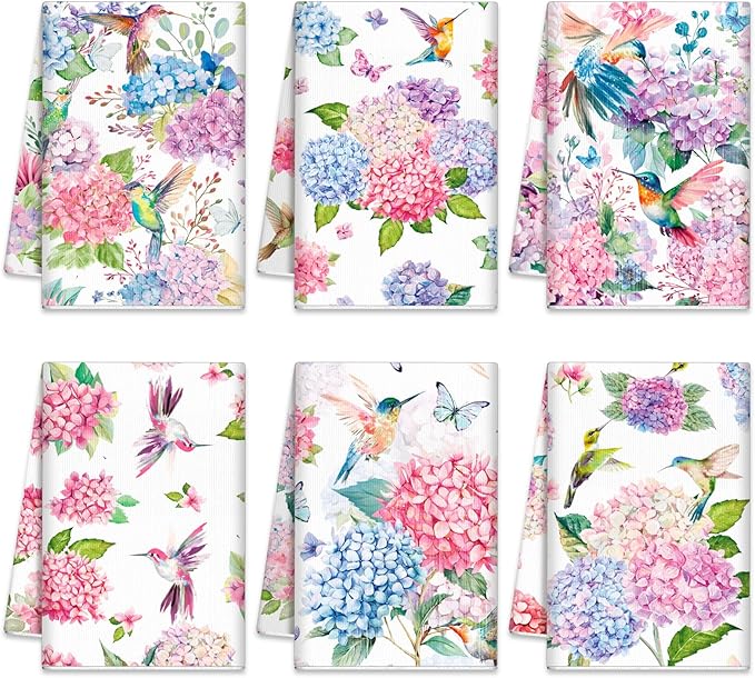Oudain 6 Pcs Spring Kitchen Towels Decor Hydrangea Hummingbirds Floral Dish Hand Tea Towels Camper Towel Dish Drying Towel for Kitchen Spring Party Holiday Supply Bathroom Housewarming Gift