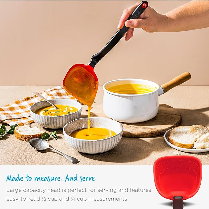 Dreamfarm Fladle Fold-Flat, Space-Saving Serving & Cooking Ladle Measures up to 1/2 Cup with Silicone Scraping Squeegee-Tip - 12" Black