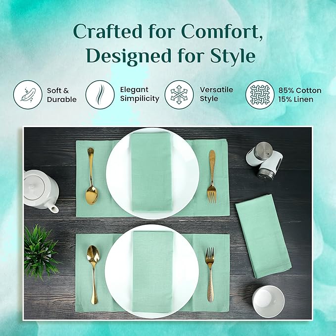 NATURALCRAFT Cloth Napkins Set of 12 Cotton Linen18x18 in Washable Napkins Cloth - Soft Durable Easter - Ideal for Hotel Farmhouse Party Wedding Dinner Spring Everyday Use (Aqua Green)