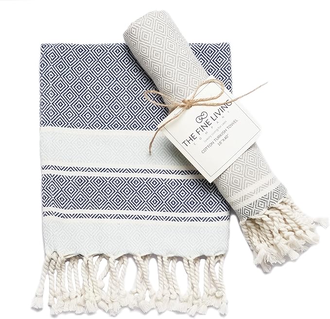 The Fine Living Co. Turkish Towels - Set of 2 | 100% Cotton - Bath & Kitchen Decorative Towels | 40'x18' (Blue & Gray)