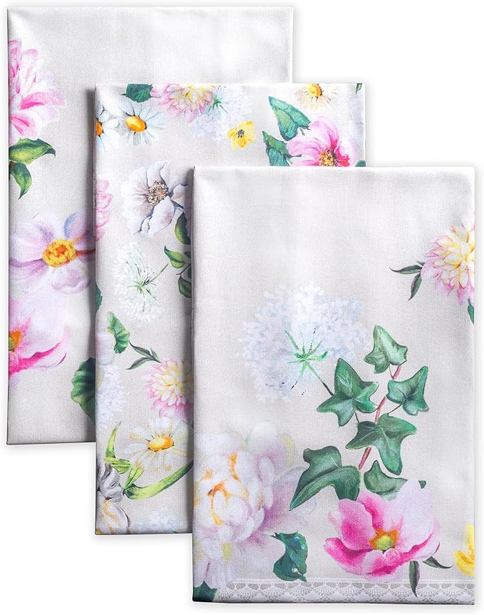 Maison d' Hermine Kitchen Towels Set of 3 100% Cotton 27.50" x 20" Reusable Cloth Tea Dish Towels Absorbent with Hanging Loop for Kitchen Gifts for Mothers Day Spring/Summer (Pivoine)