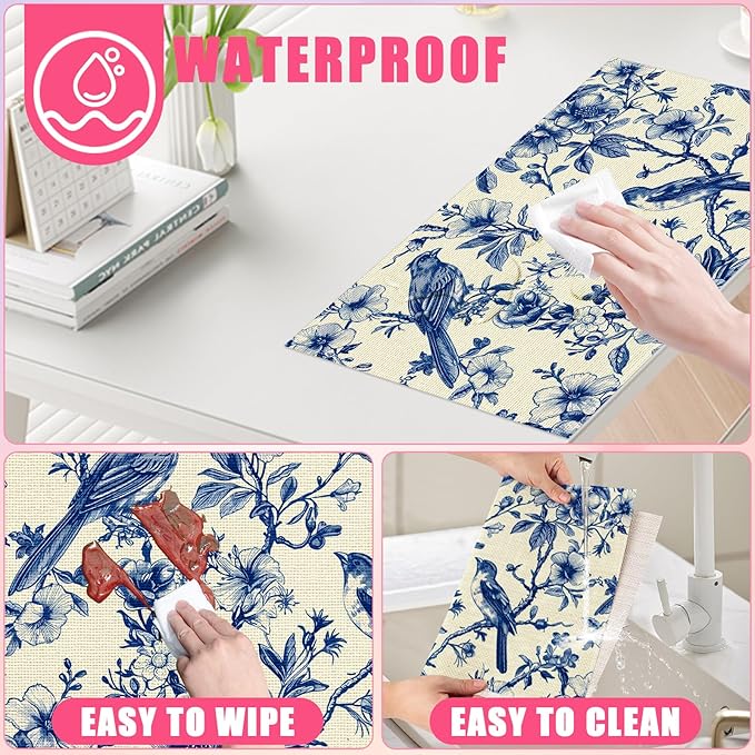 Spring Vintage Bird Flower Placemats Set of 6,12x18 Inch Navy Blue Chinoiserie Linen Place Mat Table Mats for Seasonal Farmhouse Kitchen Party Home Decor