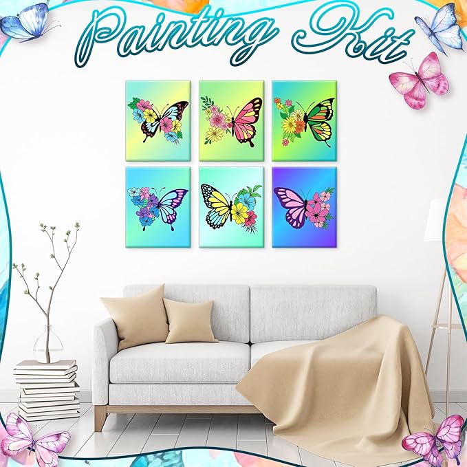 Motipuns 12 Set Pre Drawn Canvas for Painting for Adults Sip and Paint Kit with Easels 8 x 10 Inches Paint Party Kit with Printed Canvas Paints Brushes Palette Bag Apron(Butterfly Flower)