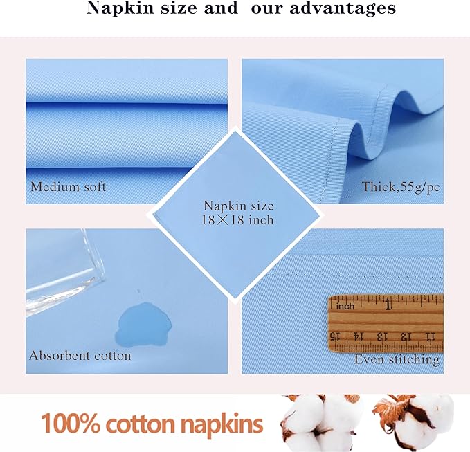Cotton Napkins Set of 6, Blue Spring Color Cloth Napkins Dinner Napkins for Table Decoration, Wedding Party, Restaurant, Hotel, Everyday Home Use (Light Blue)