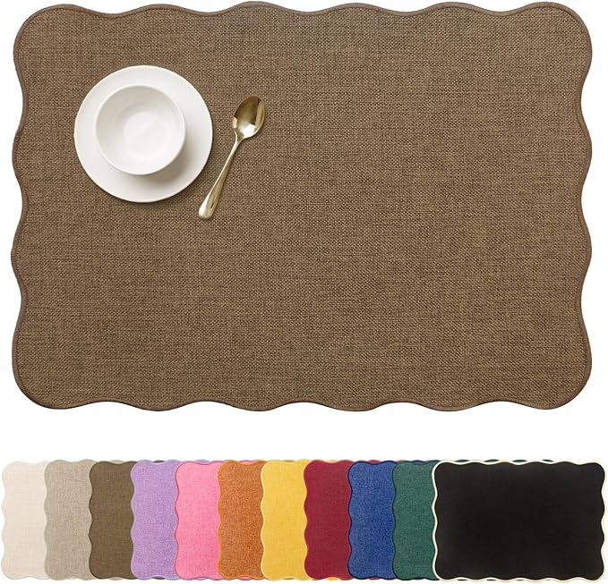 AHHFSMEI Faux Linen Placemats Set of 6 Heat Resistant Non-Slip Stain Proof Table Mats for Kitchen Dining Elegant Decor Place Mats (Brown)