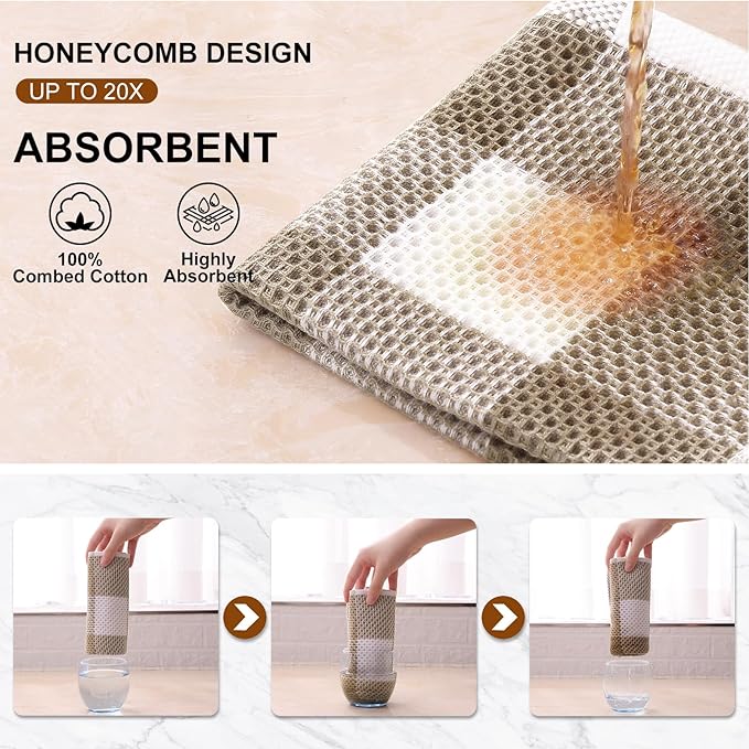 Mordimy 100% Cotton Waffle Weave Kitchen Towels, 13 x 28 Inches, Super Soft and Absorbent Buffalo Check Dish Towels for Drying Dishes, 6-Pack, Khaki & White