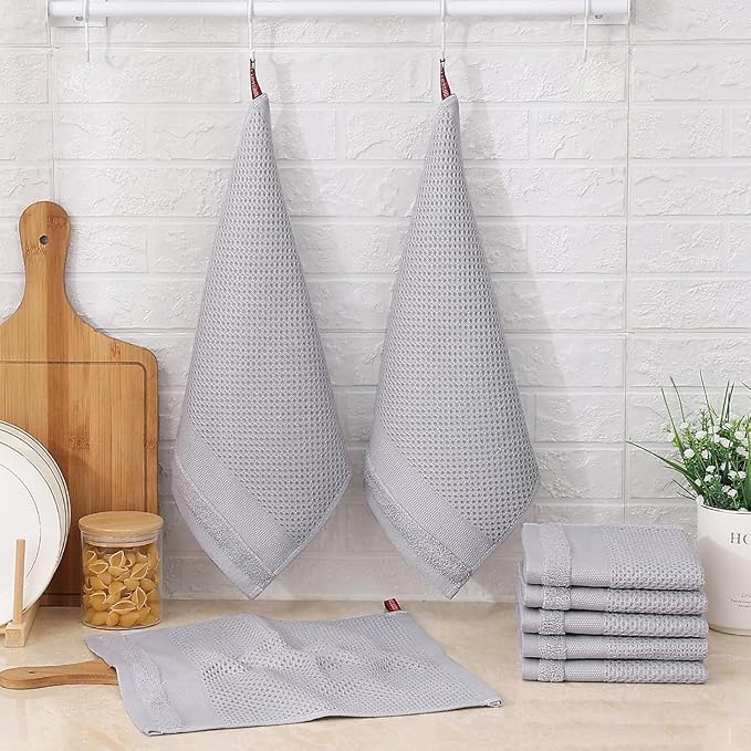 Homaxy 100% Cotton Dish Cloths, 8 Pack - 12 x 12 Inches, Waffle Weave Super Soft and Absorbent Dish Towels Quick Drying Dishcloths, Light Grey