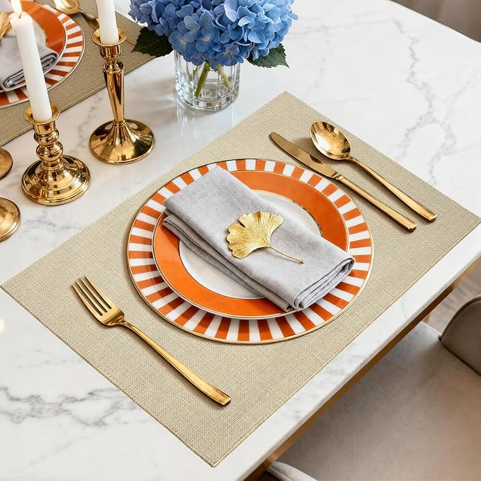 Placemats Set of 6 Linen Type Fabric Cloth Placemats, 18x12 Inch Double Layered Thick Wrinkle Free Heat Resistant Table Place, for Dining, Kitchen, Party (45 * 30cm, Beige)