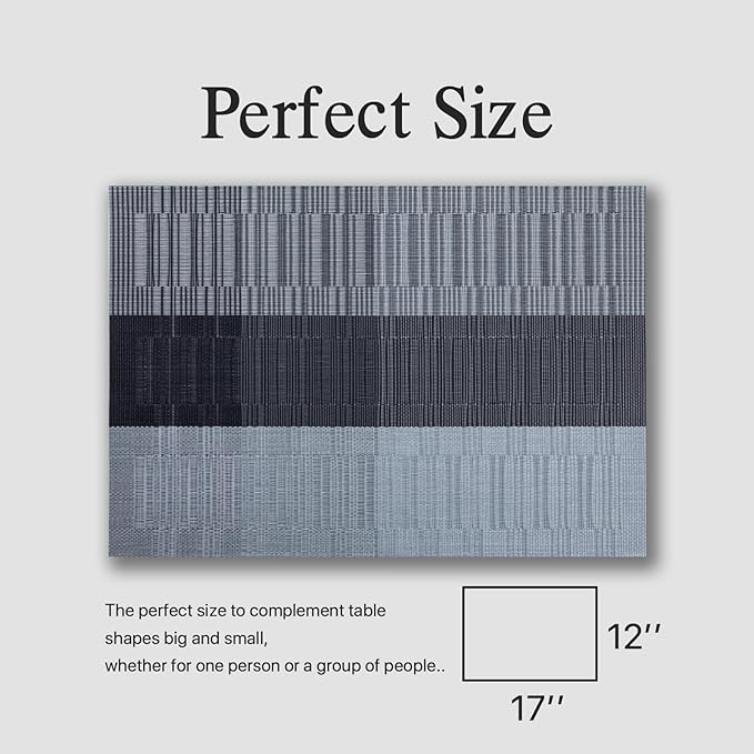 Placemats Set of 6 - Easy Clean Woven Vinyl Placemats for Dining Table, Indoor/Outdoor Place Mats, Washable PVC Table Mats （Silver Gray Black）