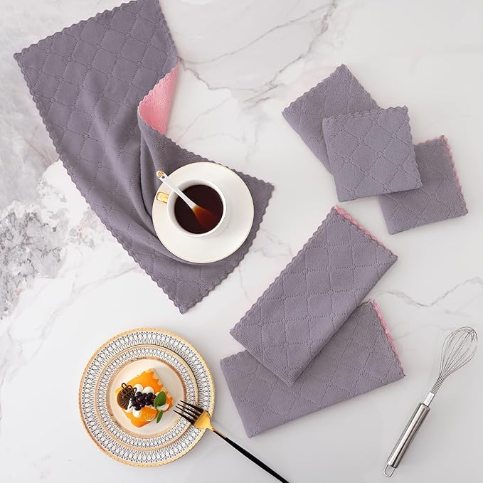 Mordimy 24 Pack Kitchen Towels (20" x 10", Grey & Pink), Super Soft and Absorbent Dish Towels, Coral Velvet Microfiber Cleaning Cloth, Nonstick Oil Fast Dry Dish Cloths