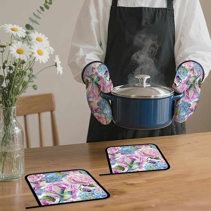 Hummingbird Oven Mitts and Pot Holders Set,Pink Flower Floral Kitchen Decor Heat Resistant Non Slip Hot Pads and Oven Mitt for Chef Cooking Baking BBQ Mom Girl Gifts(4 Piece Set)