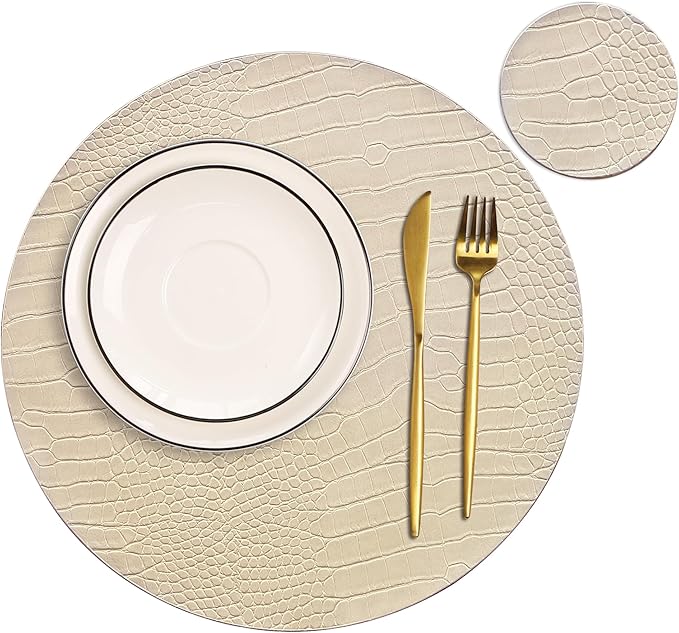 Jovono Round Leather Placemats for Round Tables Set of 4, Beige Place Mats and Coasters, Wipeable Waterproof Heat Resistant Table Mats Easy to Care for Indoor Decor 13 inch Diameter