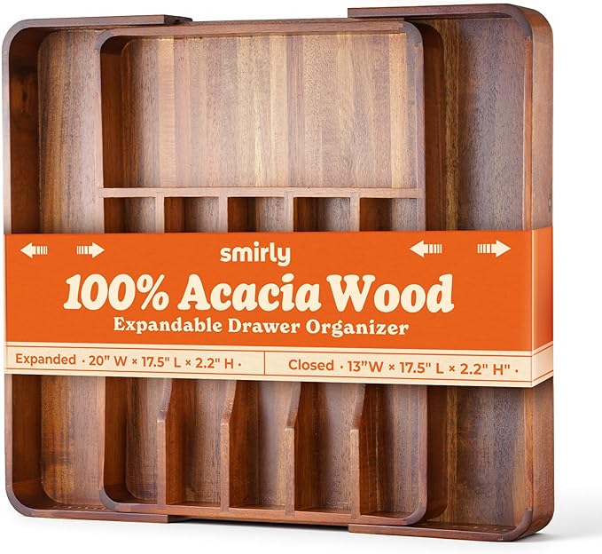 SMIRLY Silverware Drawer Organizer – Acacia Kitchen Drawer Organizer, Adjustable Utensil Holder and Cutlery Tray, Drawer Dividers for Flatware and Kitchen Utensils