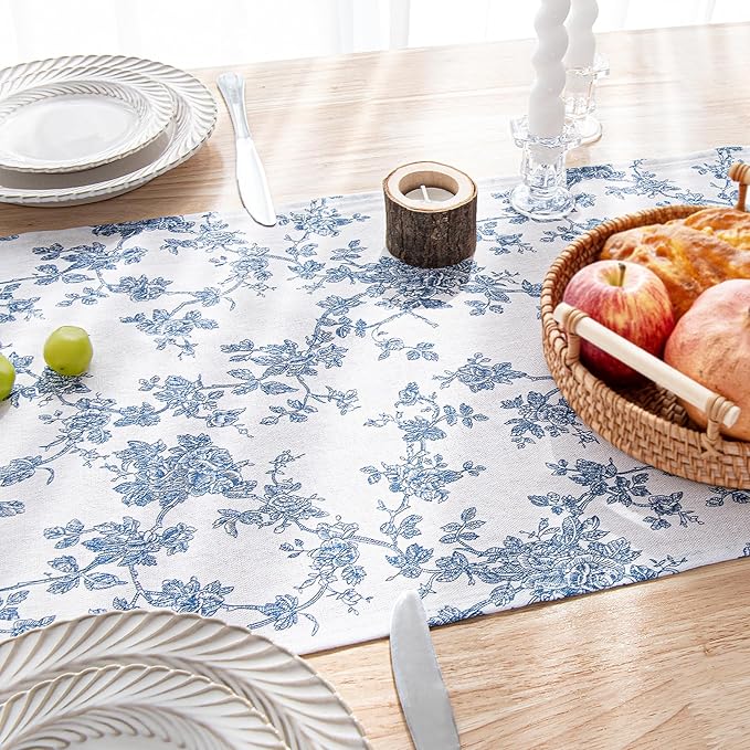 Blue Floral Runner for Table - 14 x 48 Inch - French Country Vintage Linen Table Runners 48 Inches Long for Holiday Kitchen Dining Wedding Home Party Decoraion,Vintage Floral