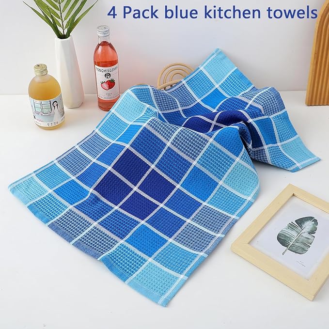 Bright Large Kitchen Towels, 4-Pack, 16 Inch x 26 Inch Buffalo Check Dish Towels for Washing Drying Dishes, Colorful Waffle Design Tea Towel Bar Towel (Blue)