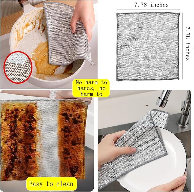 Double layer metal wire scratch free cloth, dry and wet dual-purpose metal wire dishwashing cloth, suitable for kitchen cleaning, cookware, tableware, sink, stove, etc., easy to rinse (10 pieces)