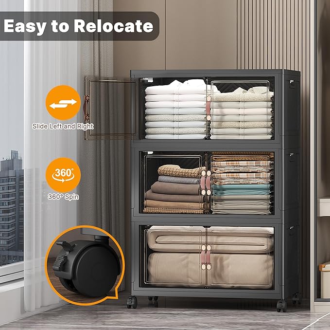 UAMFURI Stackable Storage Bins with Lids, 672QT Closet Organizers and Storage with Doors and Wheels, Extra Large Storage Cabinet, Collapsible Plastic Drawers for Bedroom Kitchen Office Garage