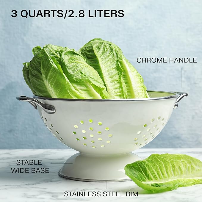 Reston Lloyd, 3 Quart Powder Coated Steel Kitchen Strainer Basket for draining Pasta, Vegetable and Fruit, Chrome Handles and Wide Stable Base, Azure