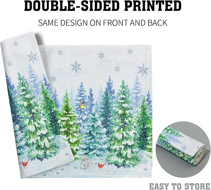 Watercolor Christmas Bears Place Mats - Winter Birds Placemats Set of 4 Snowflake Trees Art Table Mat for Indoor Outdoor Dining Decorations 12 x 18 Inch