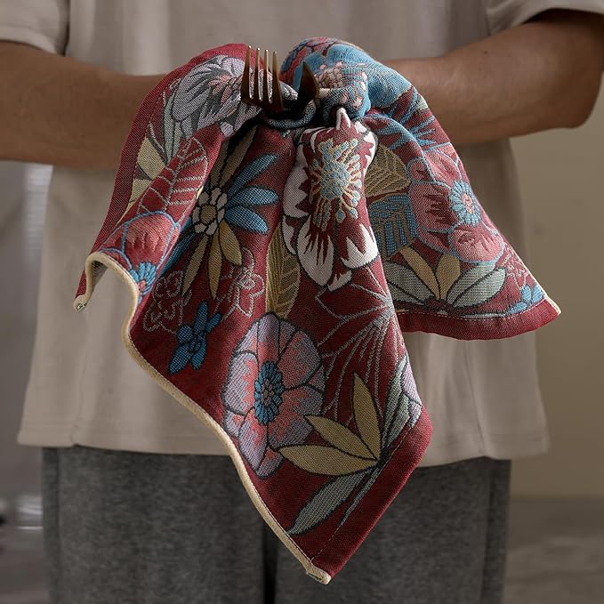 Dish Towels for Kitchen, Jacquard Woven Kitchen Towels Set, Reusable Reusable Cleaning Tea Towels Ultra Absorbent with Hanging Loop,Decorative Retro Hand Towels for Bathroom/Kitchen