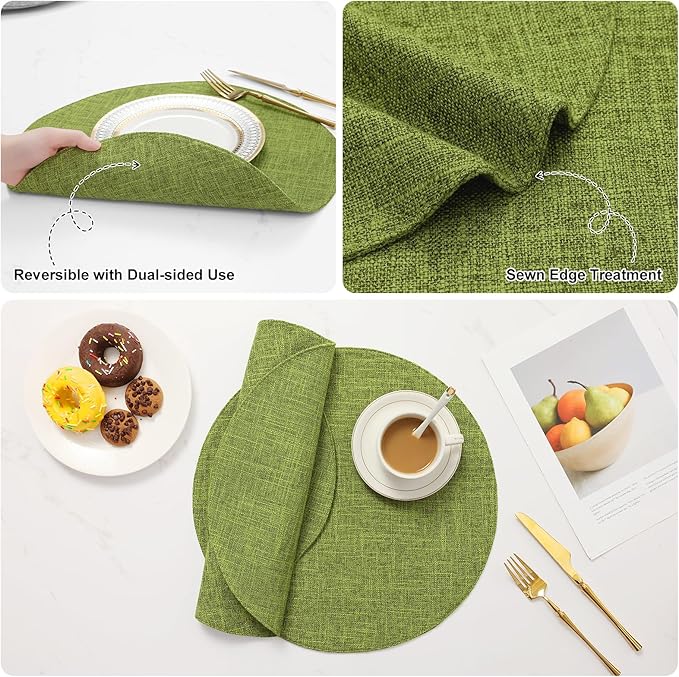homing 15 Inch Round Cloth Placemats Set of 8, Cotton Linen Blend Washable Table Mats, Farmhouse Dining Place Mats for Indoors & Outdoors, Easy to Clean, Grass Green