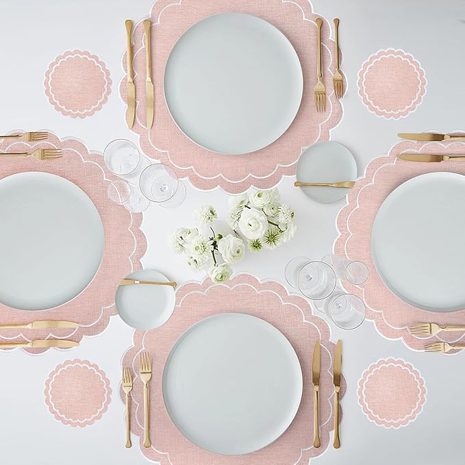 Set of 8 Cotton Linen Placemats Coaster, 15" Scalloped Embroidery Heat Resistant Placemats, 4.7" Kitchen Coaster, Double Layered Machine Washable Table Mat Set Rustic Dinner Table Decoration (Pink)