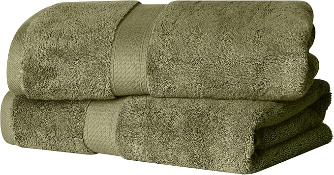 SUPERIOR Egyptian Cotton Pile Bath Towel Set of 2, Ultra Soft Luxury Towels, Thick Plush Essentials, Absorbent Heavyweight, Guest Bath, Hotel, Spa, Home Bathroom, Shower Basics, Forest Green