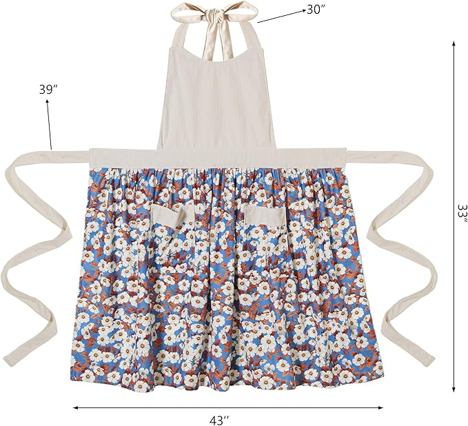 Cute Floral Aprons for Women with Pockets,Cotton Adjustable Neck Strap Apron for Kitchen Cooking Baking Gardening