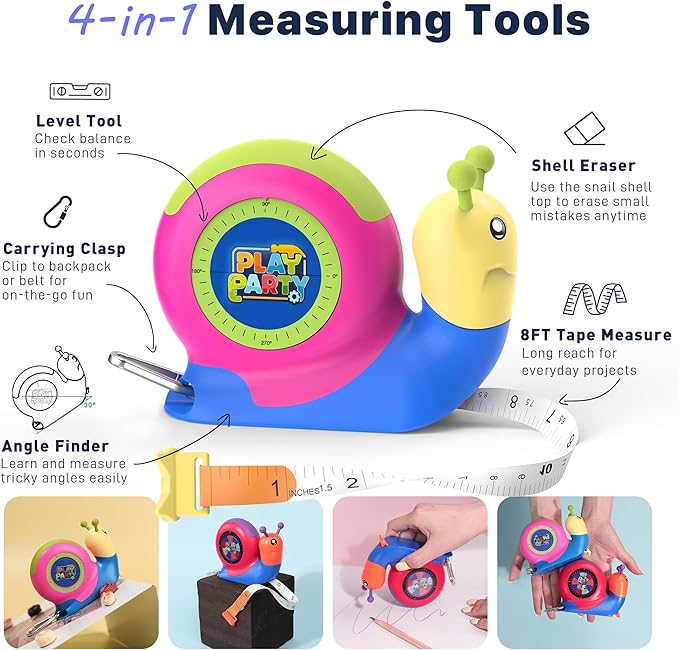 8ft Kids Tape Measure, STEM Educational Tool with Level, Protractor and Eraser, Retractable Snail Shaped Measuring Tapes, Child-Safe Stocking Stuffers Gift for Boys & Girls 3+, Double Green