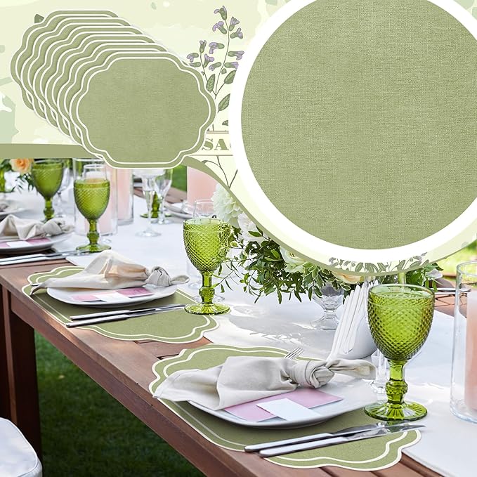 Breling 6 Pcs Wedding Placemats Scalloped Embroidered Cotton Linen Placemats 17" x 13" Double Layered Machine Washable Table Place Mat for Party Table Decor (Sage Green)