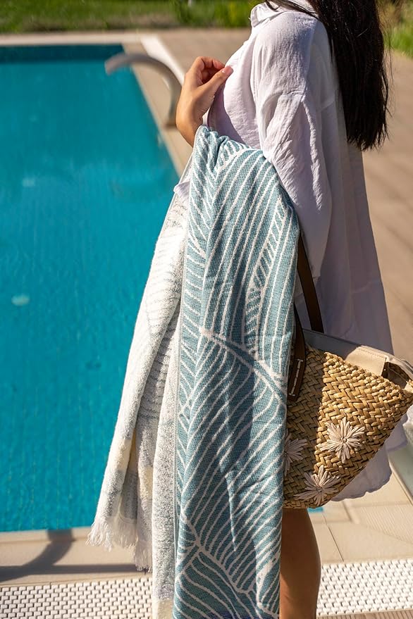 SOFE H&L | LINVIA Foutah Quick Dry Beach Towel Pack of 2 (35” x 70”) Leaves - Mint & Green | Lightweight, Premium, Fade Resistant, Durable | Travel Towel, Turkish Beach Towel with Shoulder Strap