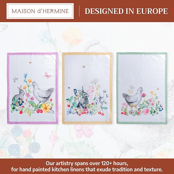 Maison d' Hermine Kitchen Towels Set of 3 100% Cotton 27.50" x 20" Reusable Cloth Tea Dish Towels Absorbent with Hanging Loop for Kitchen Gifts for Mothers Day Spring/Summer (Printemps)