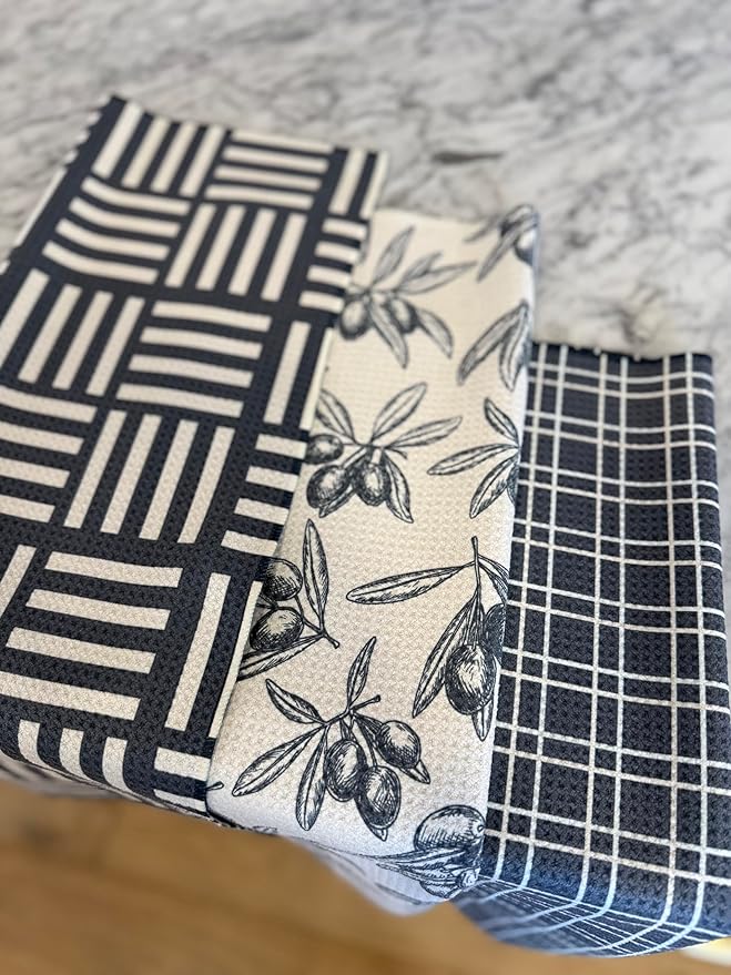 || 3 Pack|| Double Sided Dish Towels || Waffle Weave Microfiber || Highly Absorbent || Hanging Loop || Dish Cloths || Modern || Designer Prints || Lights (Gray)