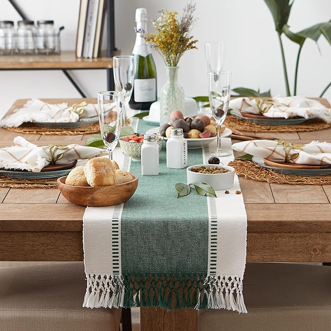 DII Dobby Stripe Woven Table Runner, 13x72 (13x77.5, Fringe Included), Dark Green