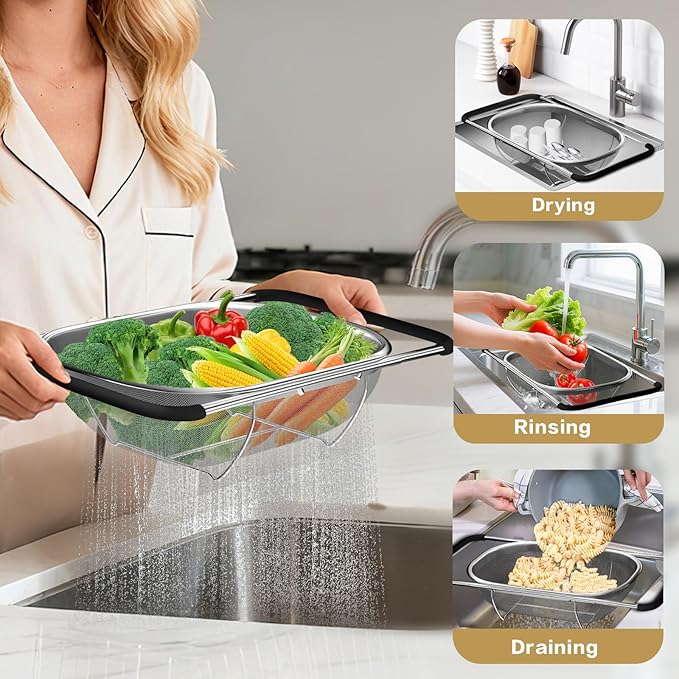 Over the Sink Colander - 6QT Strainers and Colanders - Stainless Steel Strainer - Expandable Sink Colander with Rubber Grip for Strain, Drain, Rinse Fruits, Vegetables, Home Kitchen Essentials