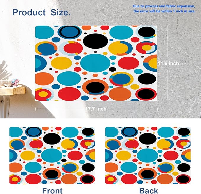 Batmerry Colorful Circles Placemats, Vibrant Circular Pattern Washable Linen Table Mats for Kitchen Table Double Insulation Decor Dining Set Indoor Outdoor 12X18 in Set of 8