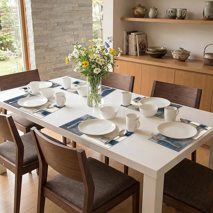 Emvency Farmhouse Placemats Set of 6, Abstract Modern Blue Geometric Minimalist 12x18 Inch Linen Rectangular Place Table Mats for Indoors & Outdoor Home Party Kitchen Dining Decoration