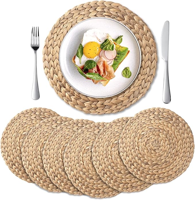 6 Pack, Round Woven Placemats, Natural Water Hyacinth Wicker Place mats, Braided Straw Table Mats, Charger Plates for Dining Table, Fall, Thanksgiving, Christmas (13.8 inch)