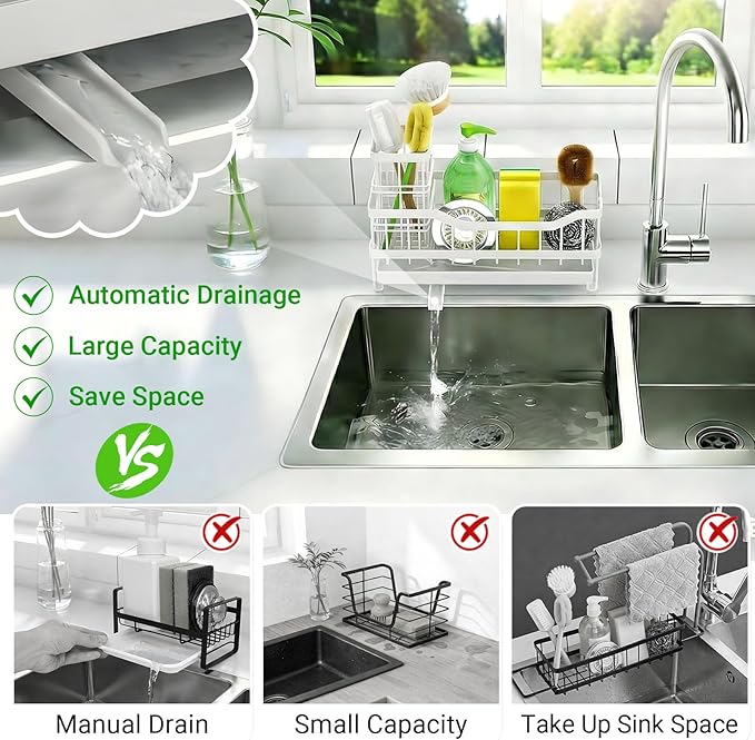 Sponge Holder for Kitchen Sink, Rustproof Sink Caddy Organizer with Dish Brush Holder, Self-Draining Kitchen Sink Organizer Countertop for Soap Dispenser, Scrubber and Sink Storage Essentials, White