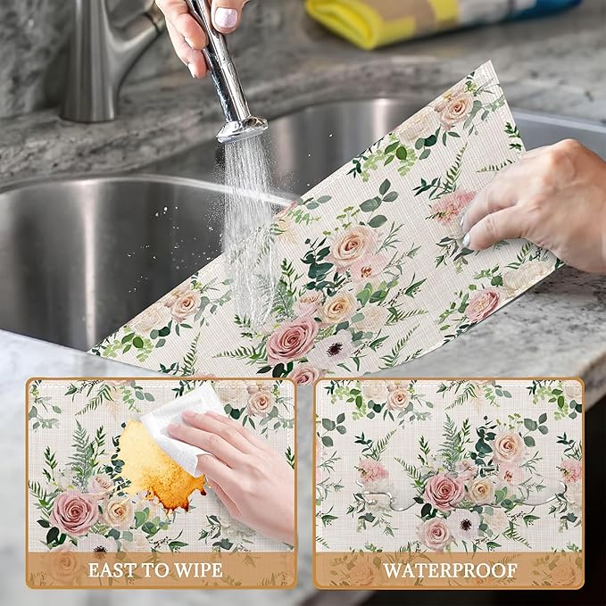 Placemats Set of 6, Watercolor Rose Flowers Linen Place Mats,Modern Washable Table Placemats 12"x18" Heat Resistant Table Mats for Dining Kitchen Party Holiday Decoration