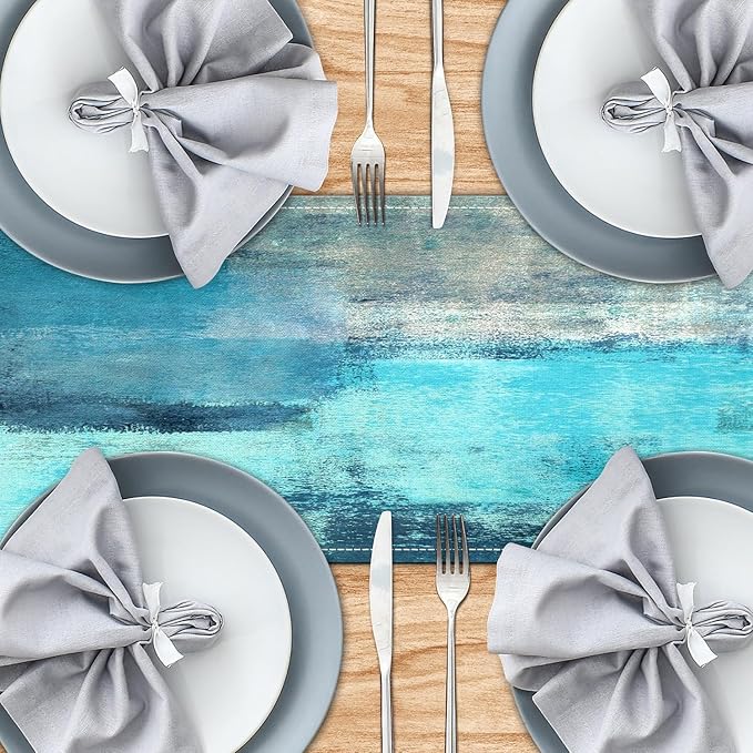 Teal Grey Table Runners Modern Art Farmhouse Linen Table Runners Dresser Scarves Retro Rustic Style for Party Kitchen Dining Table Coffee Holiday Party Decor (13"x 90", Teal Grey)