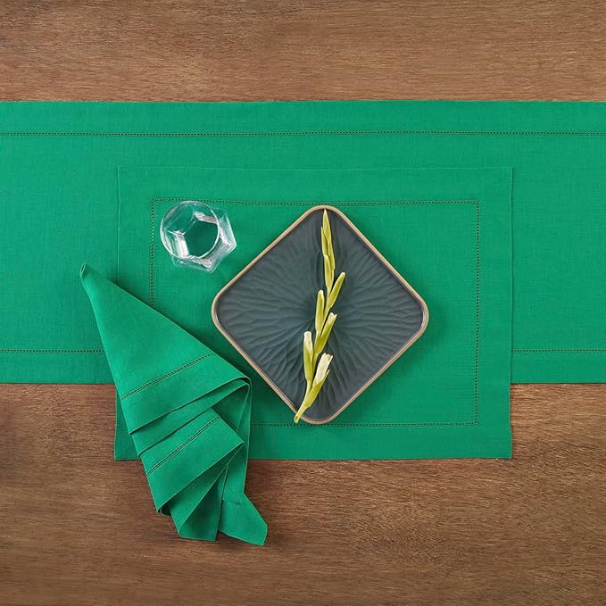 Solino Home Linen Cloth Placemats Set of 4-100% Pure Linen Hemstitch Emerald Green Placemats 14 x 19 Inch - Classic Hemstitch Table Place Mats