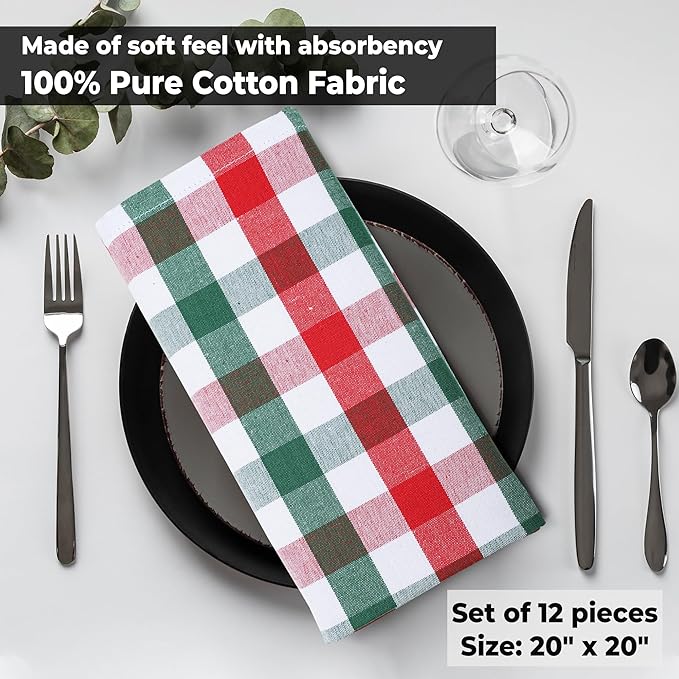 Urban Villa Cloth Napkins Set of 12 20x20 Inches 100% Cotton Napkins Cloth Washable Durable Reusable Absorbent Table Dinner Napkins Cloth for Christmas Hotel Lunch Restaurant Parties -X MAS Checks