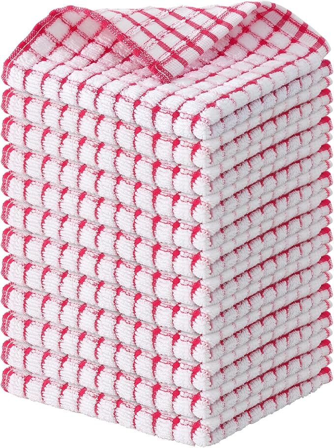 Kitinjoy Cotton 12 Pack Terry Kitchen Dish Cloths, 12 x 12 Inches Super Soft and Absorbent Dish Rags, Quick Drying Dish Towels for Washing Dishes, Red