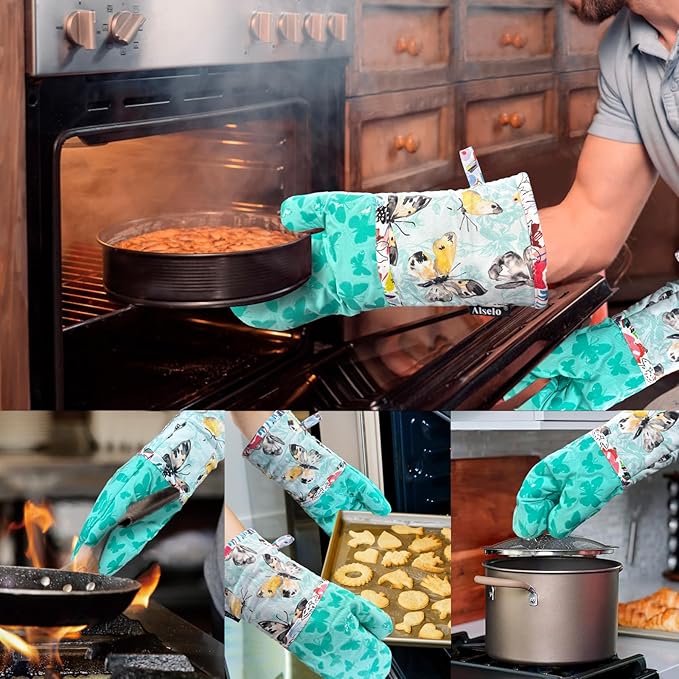 Alselo Oven Mitts, Heat Resistant with Soft Quilted Cotton Lining Set of 2, Fashion Design with Silicone Printing Anti-Slip Kitchen Gloves, Safe Backing Cooking Barbecue (Turquoise, Butterfly)